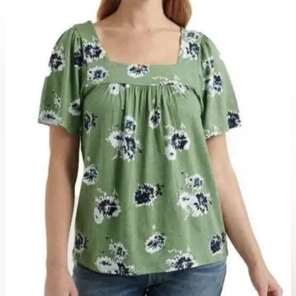 Lucky Brand Square Neck Flutter Sleeve Top Green Floral Large - Picture 1 of 7